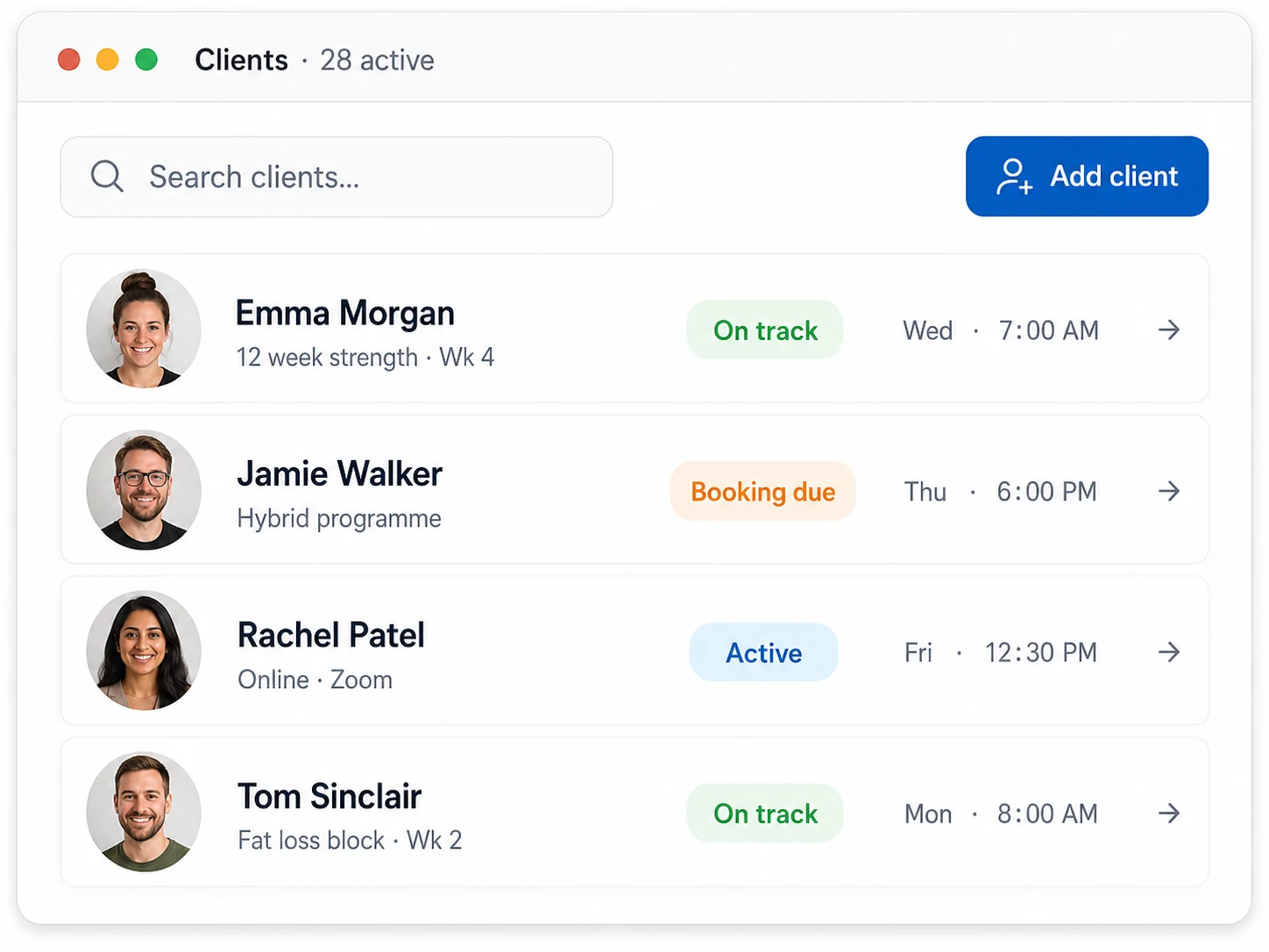 Client management dashboard listing clients with status and next session