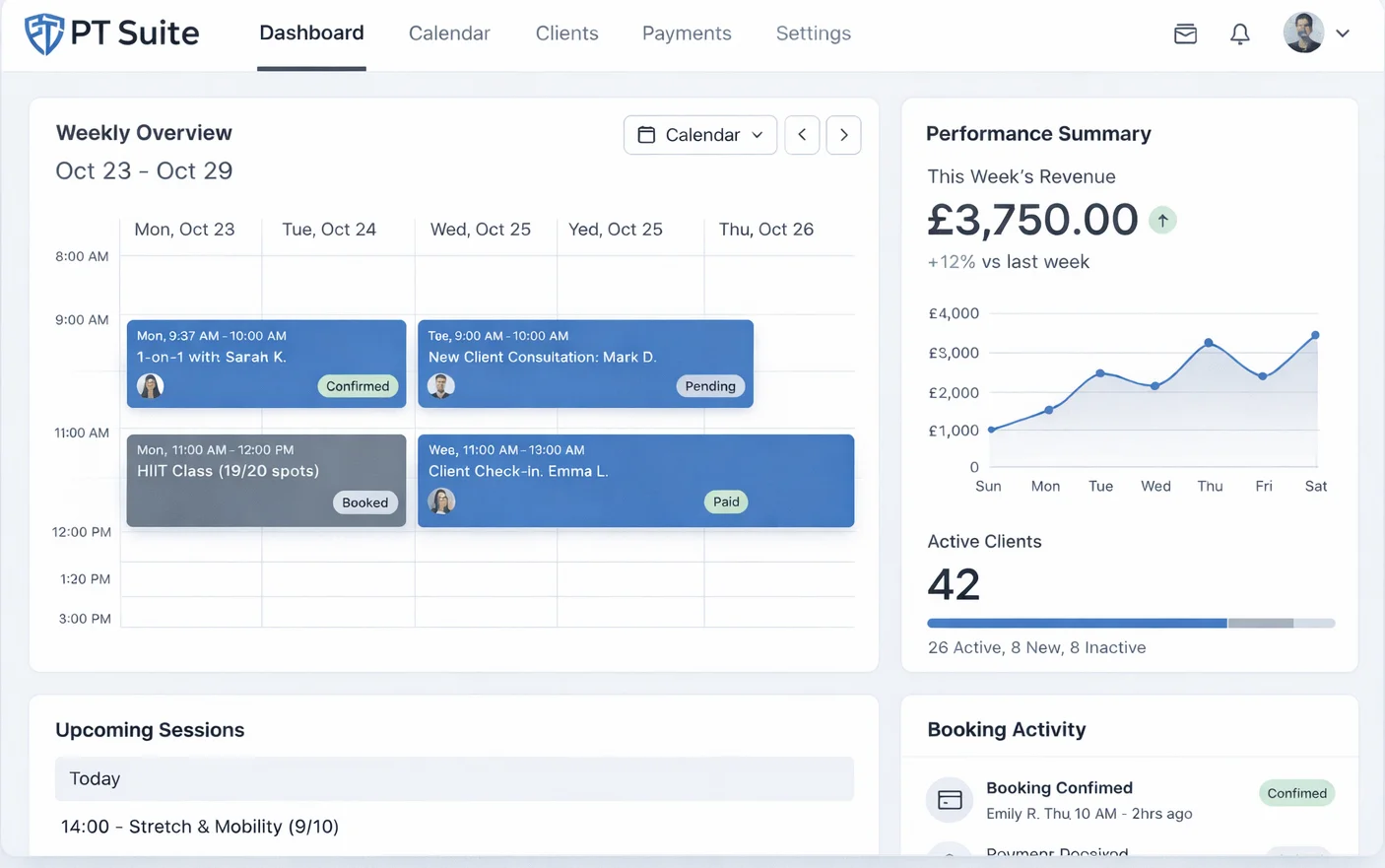 PT Suite Dashboard - Calendar, revenue tracking, and client management